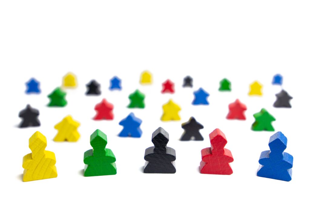 Four religious denominations in the foreground crowds. The role of the church in society. Colorful