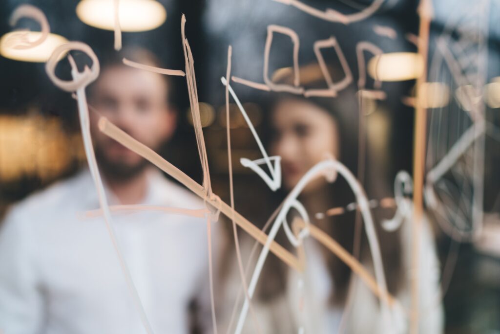 Scheme of business strategy on glass wall